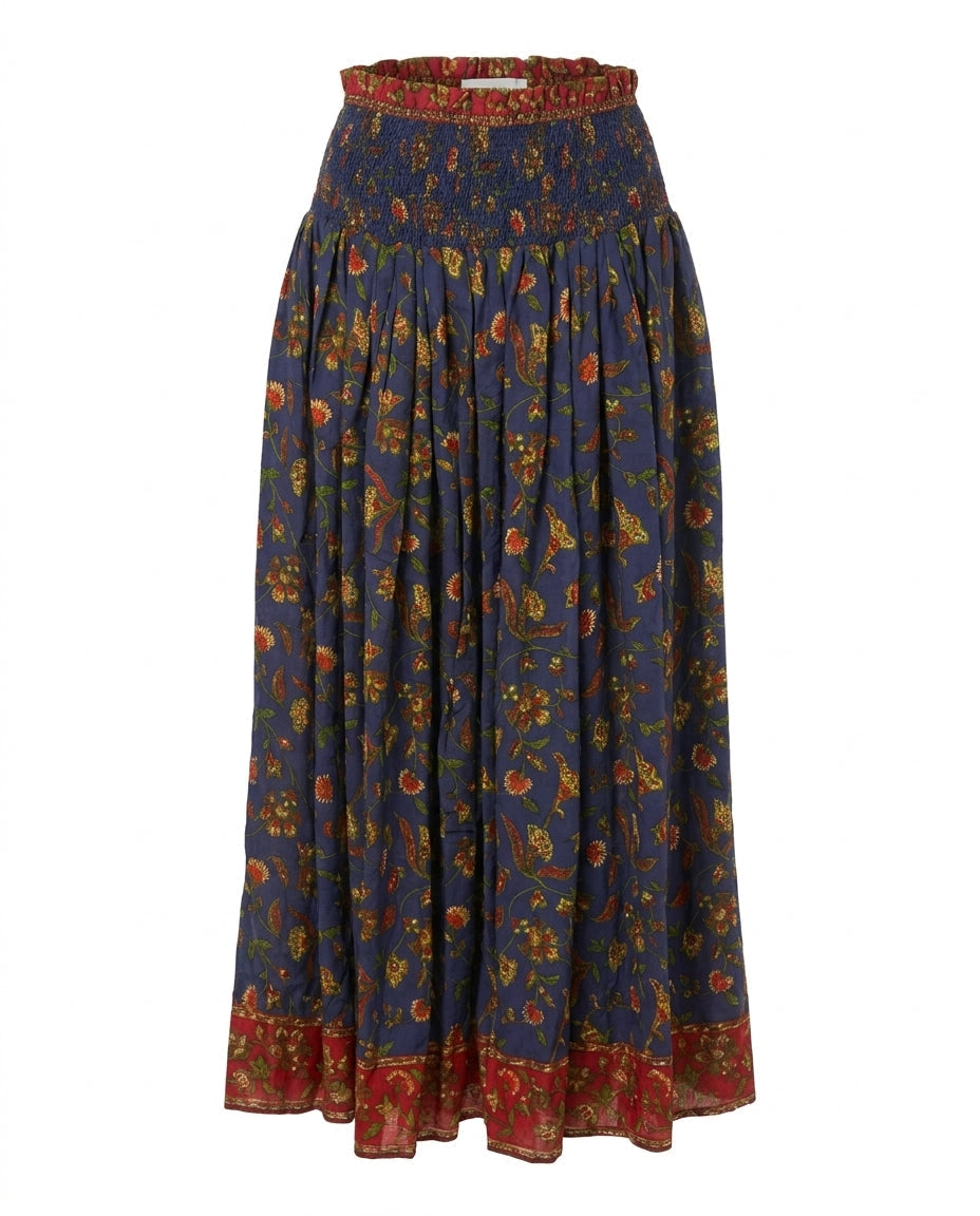 Cofur 'Vienna' Long Sari Silk Skirt – Navy & Red – front view