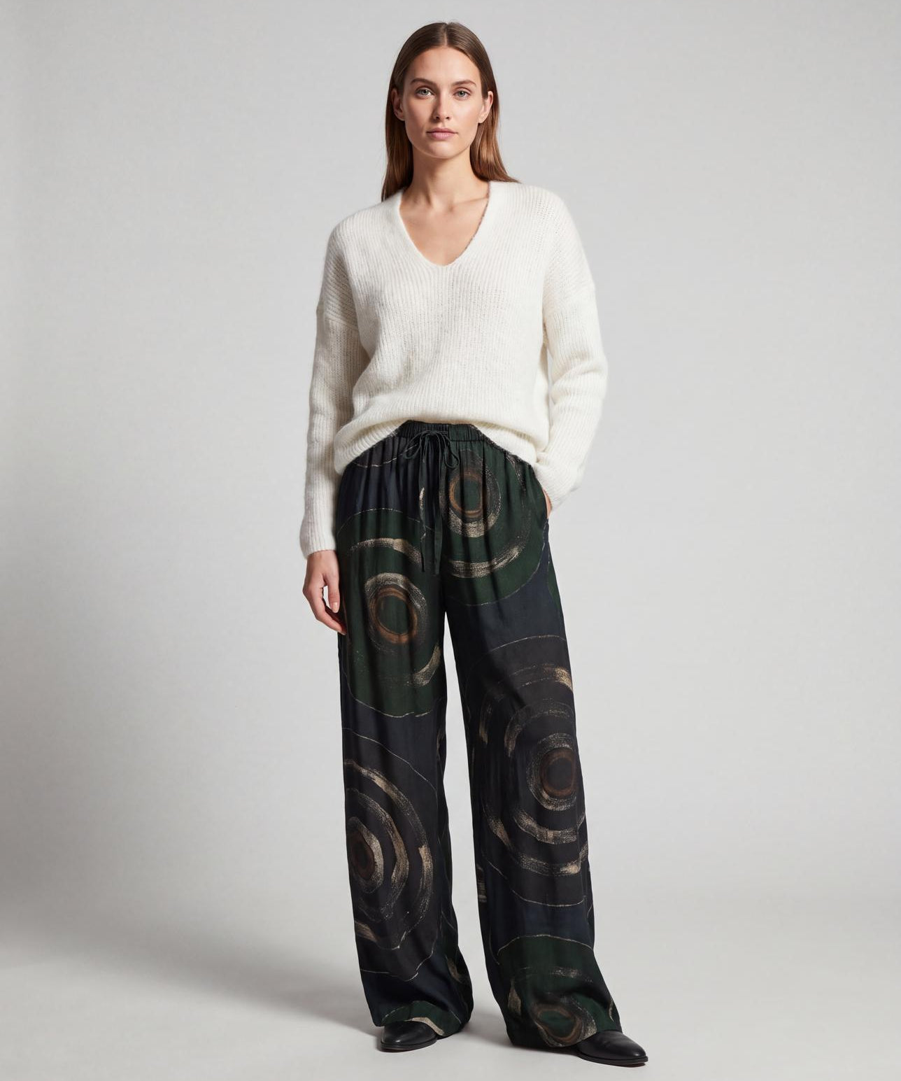 Cofur Wide-Leg Silk Trousers – Black & Green – front view