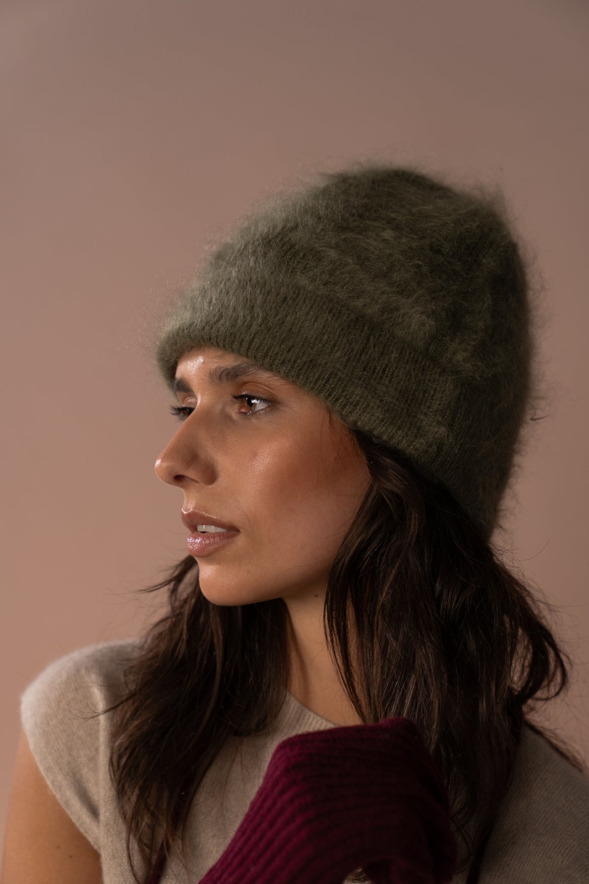 COLORUSH Byron beanie in Kiwi, three-quarter close-up of the fluffy knit
