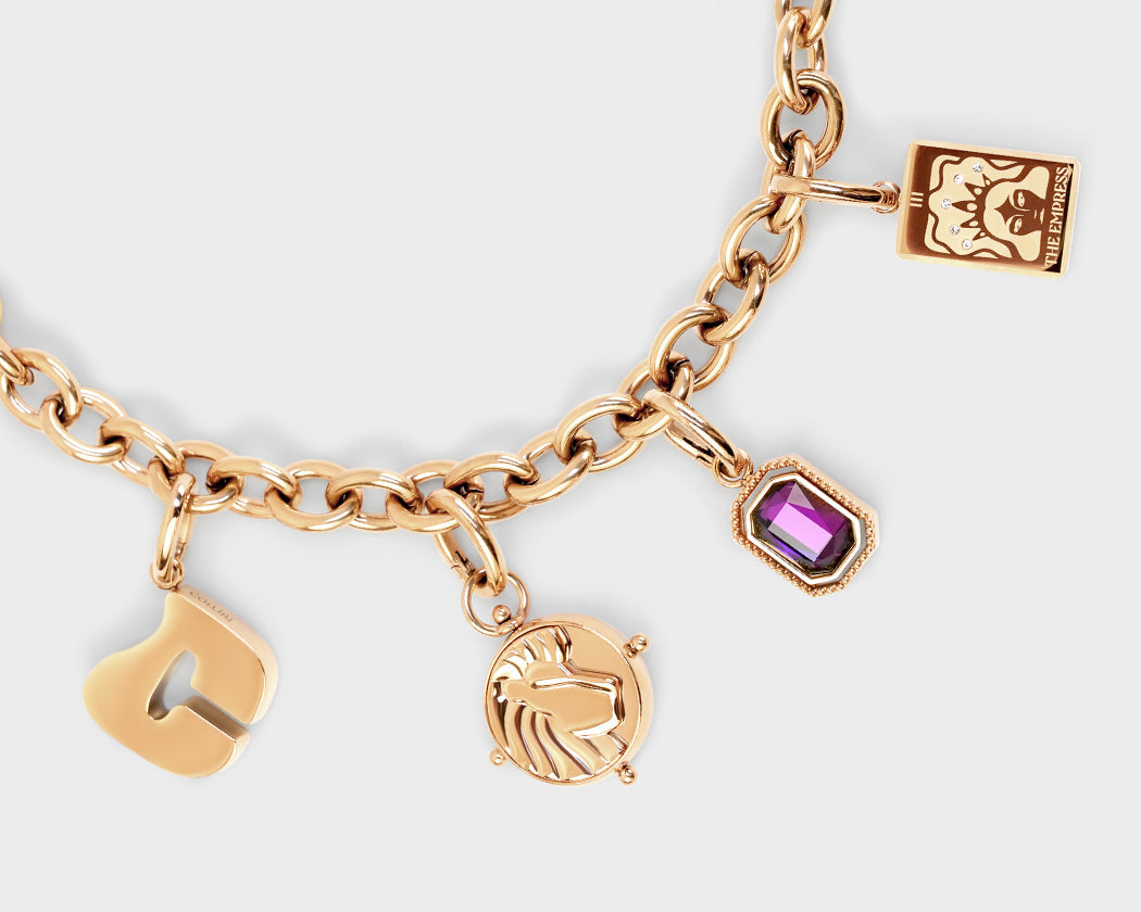 COLURi charm chain hung with four different charms, flat lay