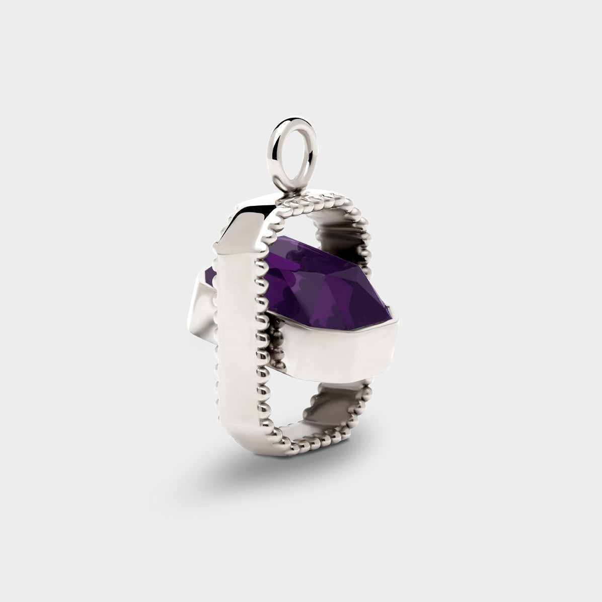 Coluri Talisman charm with a violet stone in silver, side view