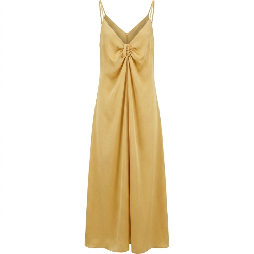 COSSAC long yellow dress with a gathered front at the bodice and a flowing skirt