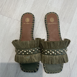 De Siena Semira Grano flat slides in khaki with a double fringed strap and studded band