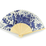 Delft Blue Hand Fan – Dutch Porcelain Bird — bamboo folding fan with printed fabric, unfolded, with gift box