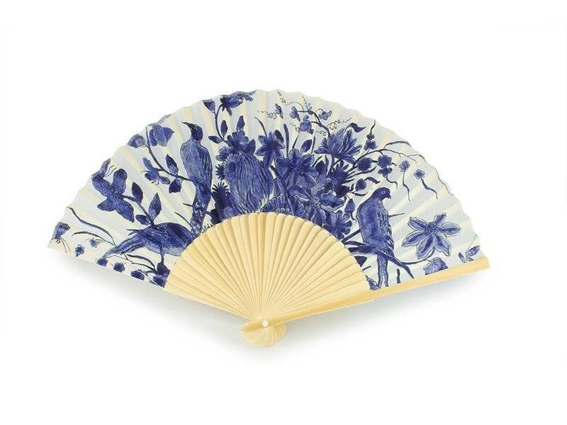 Delft Blue Hand Fan – Dutch Porcelain Bird — bamboo folding fan with printed fabric, unfolded, with gift box