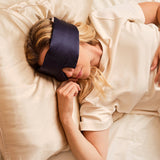 Emily's Pillow midnight blue silk headband sleep mask worn in bed