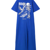 Farm Rio organic cotton maxi dress in active blue with a bold graphic print