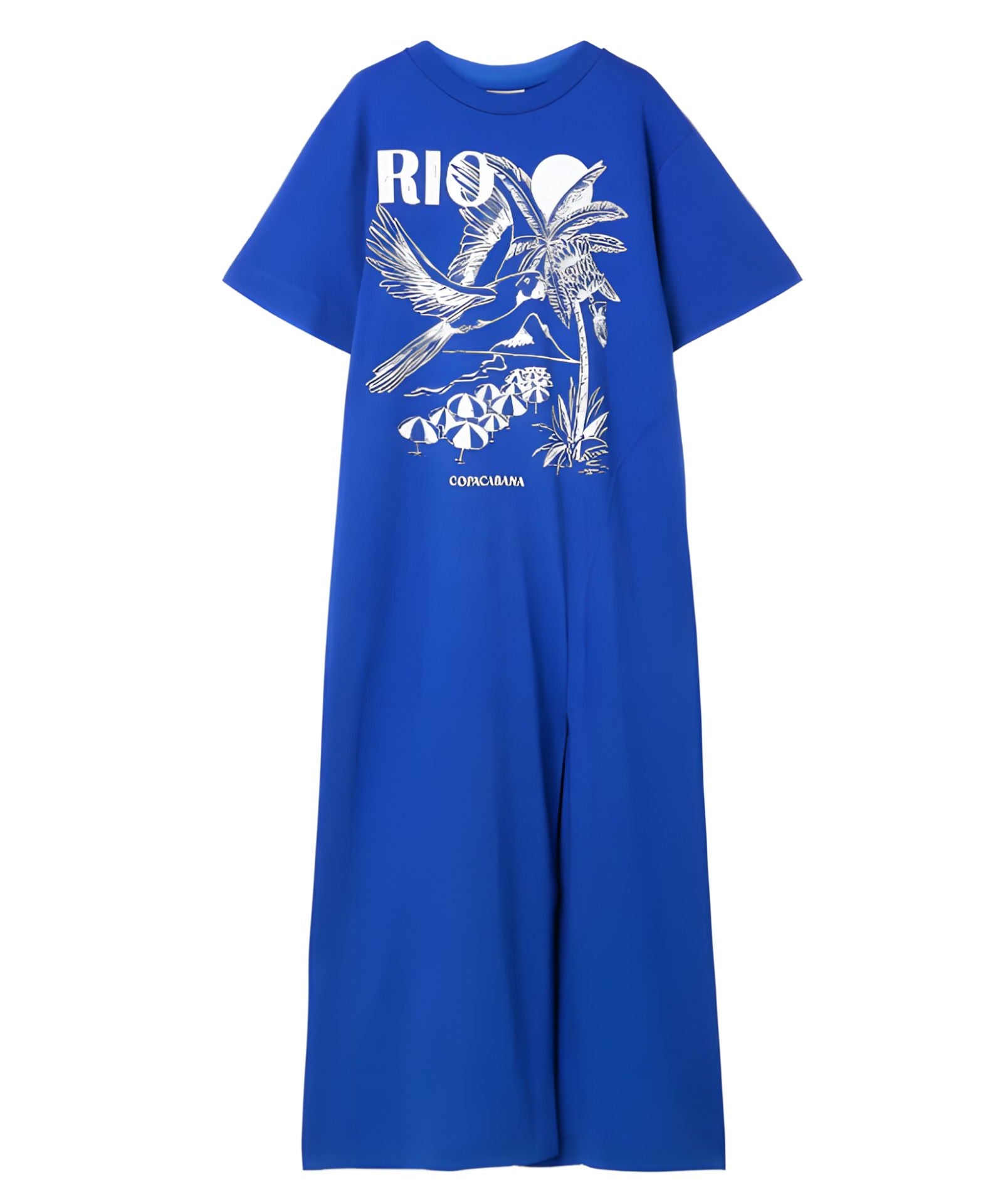 Farm Rio organic cotton maxi dress in active blue with a bold graphic print