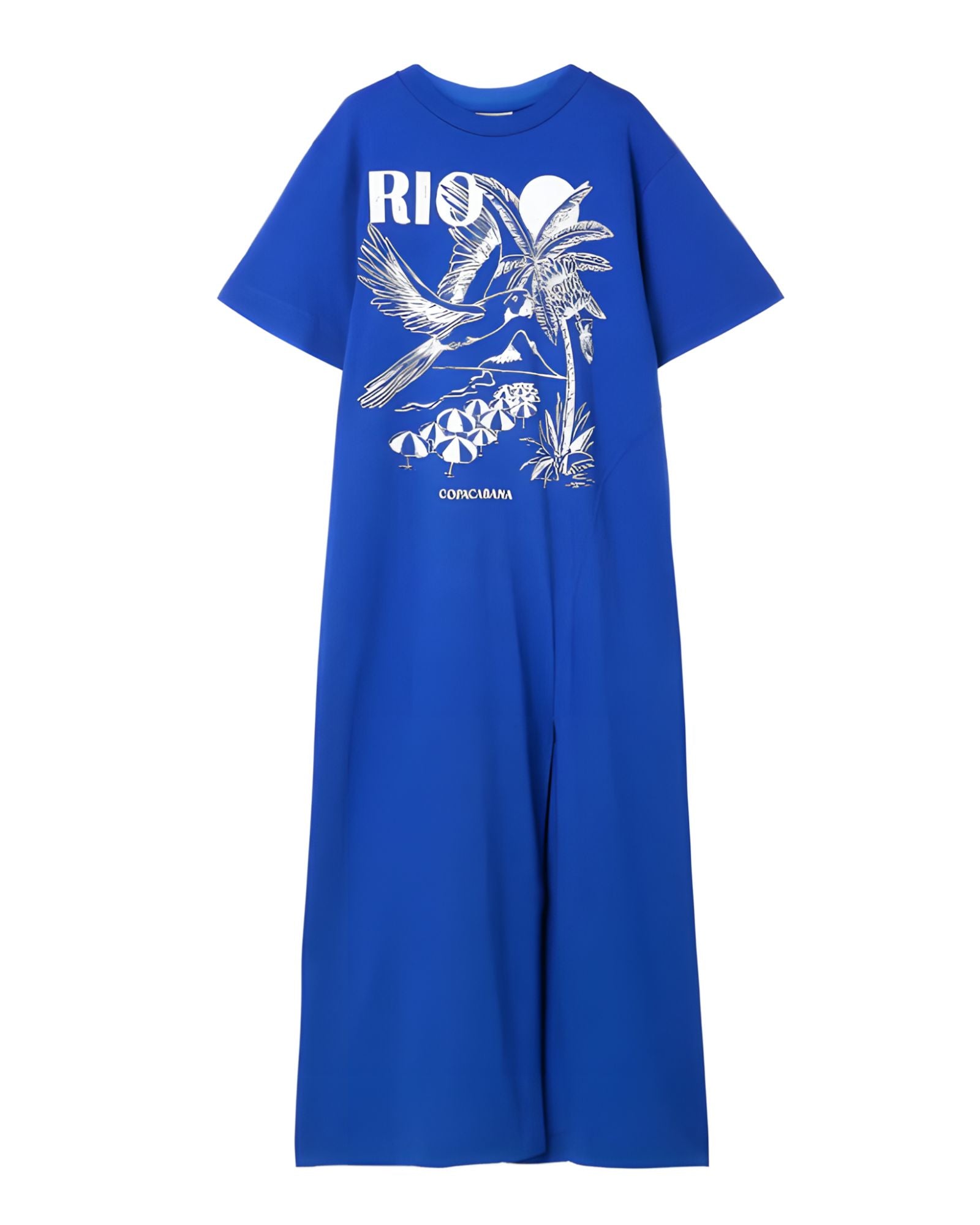 Farm Rio organic cotton maxi dress in active blue with a bold graphic print