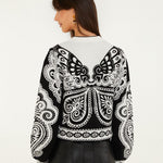 Farm Rio Arabesque Butterfly cropped cardigan in black and white – back view with a large arabesque butterfly