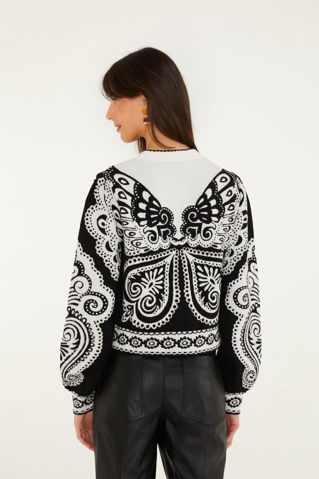 Farm Rio Arabesque Butterfly cropped cardigan in black and white – back view with a large arabesque butterfly