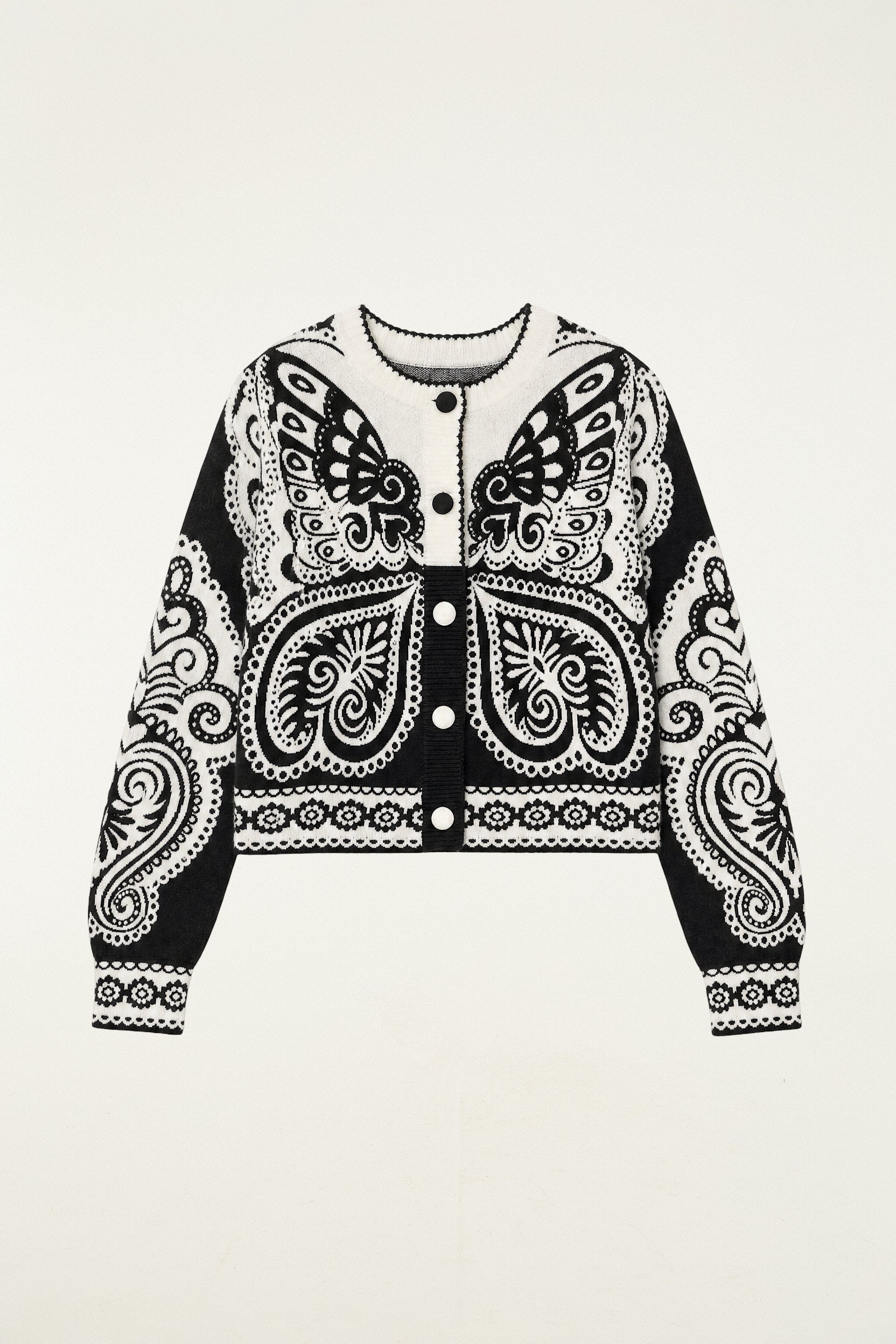 Farm Rio Arabesque Butterfly cropped cardigan in black and white – laid flat