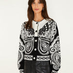 Farm Rio Arabesque Butterfly cropped cardigan in black and white – front view