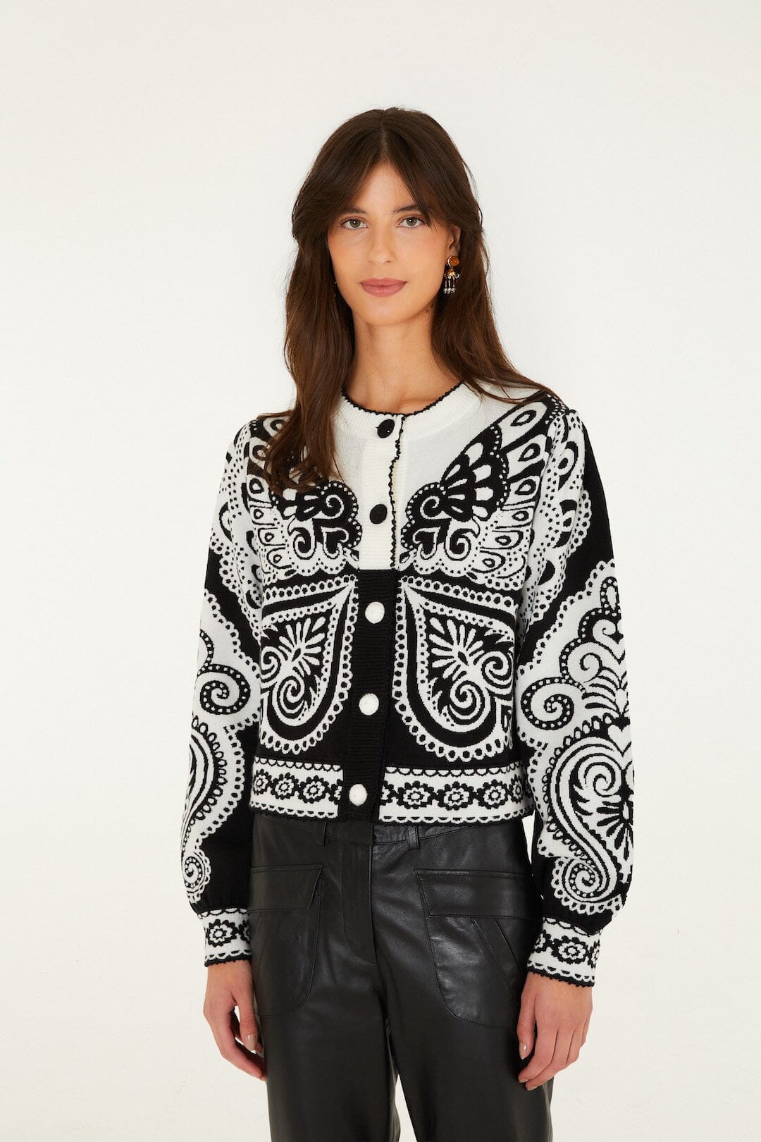 Farm Rio Arabesque Butterfly cropped cardigan in black and white – front view