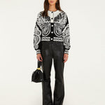 Farm Rio Arabesque Butterfly cropped cardigan in black and white – full look with black trousers
