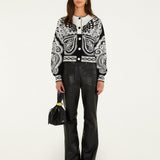 Farm Rio Arabesque Butterfly cropped cardigan in black and white – full look with black trousers