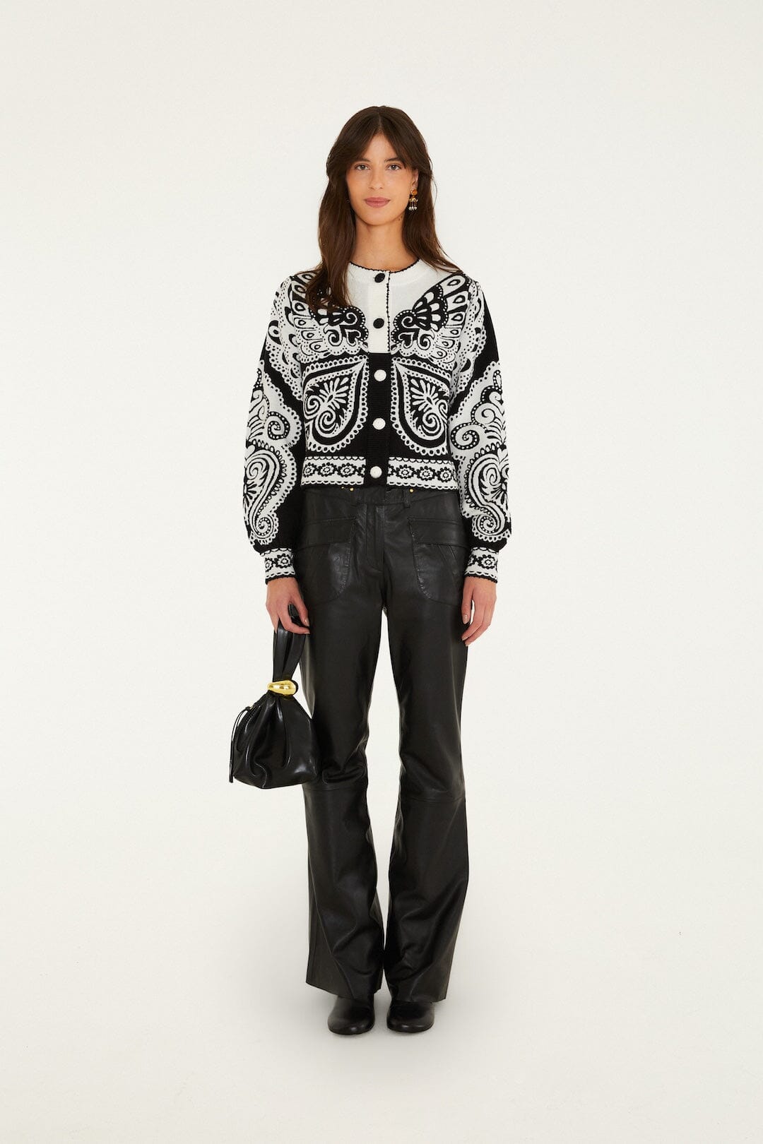 Farm Rio Arabesque Butterfly cropped cardigan in black and white – full look with black trousers