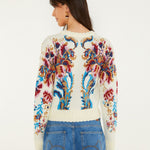 Farm Rio Arabesque cropped jumper, off-white – back view, worn with jeans
