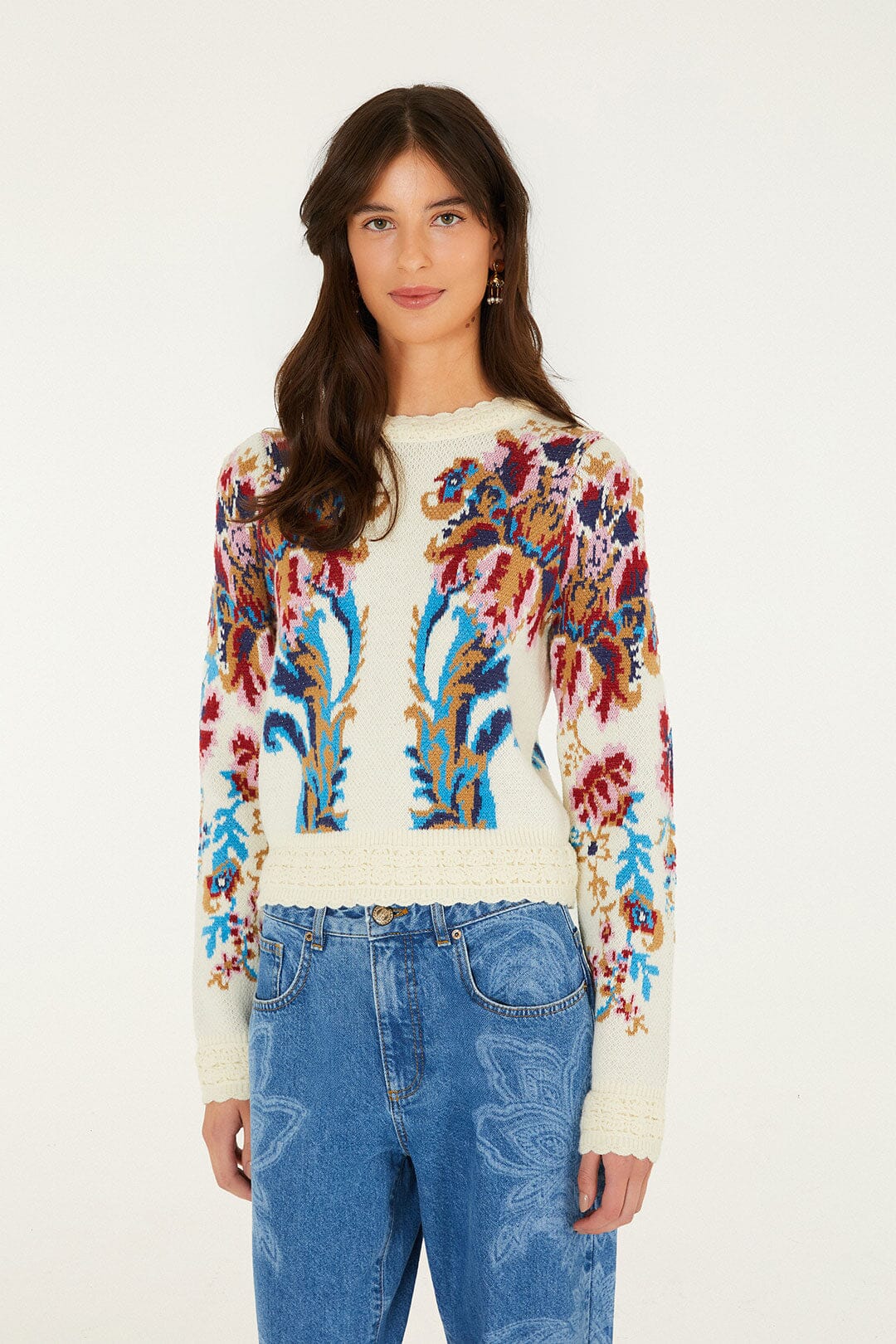 Farm Rio Arabesque cropped jumper, off-white – front view