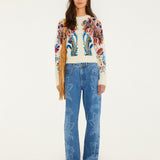 Farm Rio Arabesque cropped jumper, off-white – full look with straight jeans and ankle boots