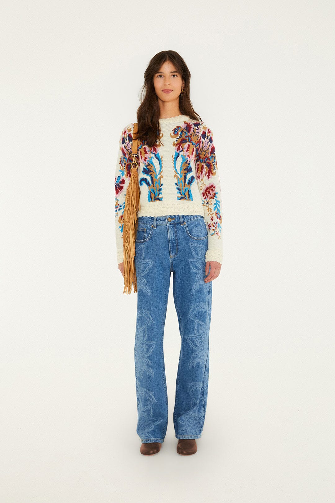 Farm Rio Arabesque cropped jumper, off-white – full look with straight jeans and ankle boots