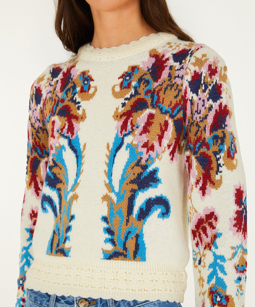 Farm Rio Arabesque cropped jumper, off-white – close-up of the pattern