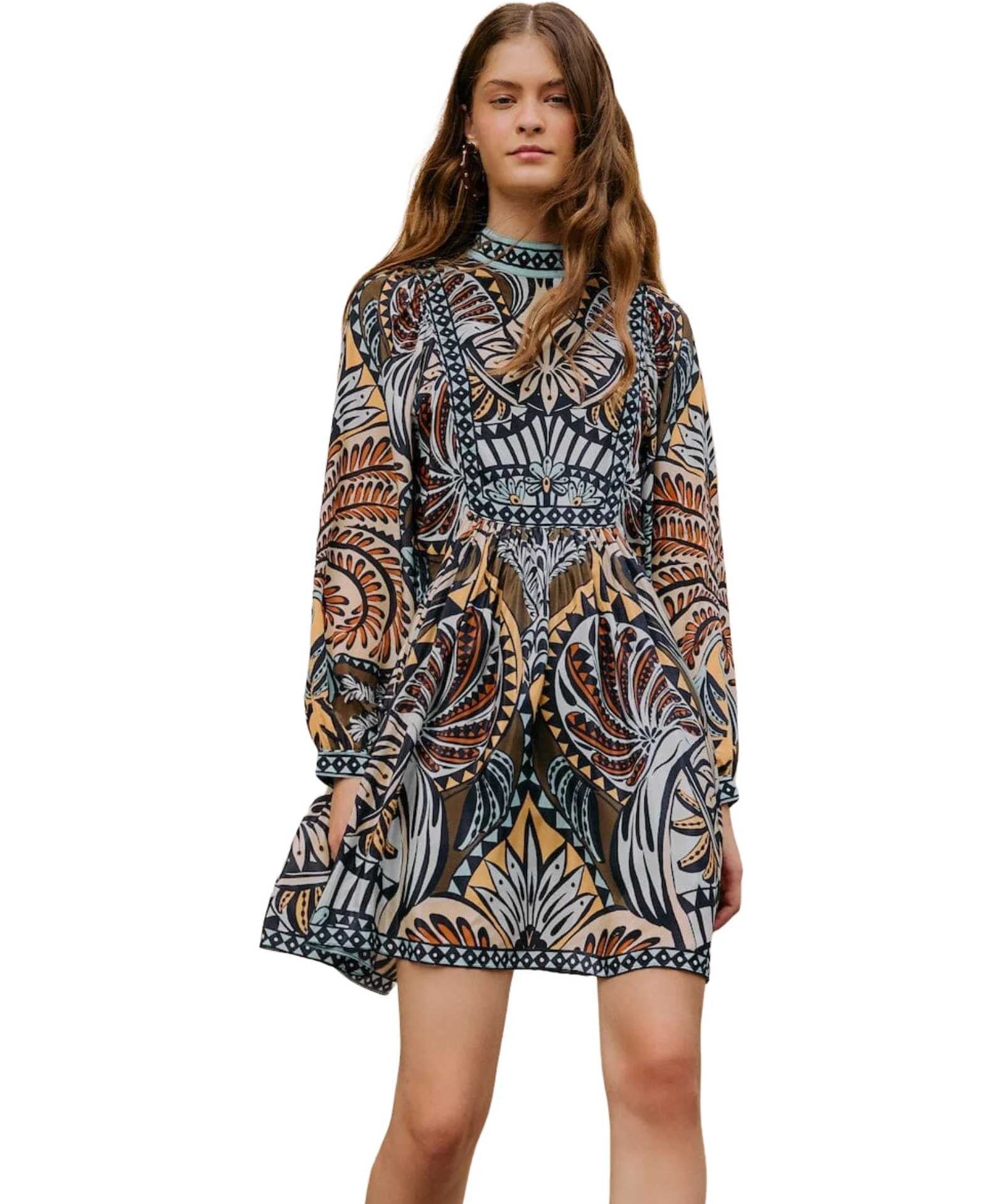 FARM Rio Balamana Multicolor Mini Dress view showcasing colorful artwork and feminine design.