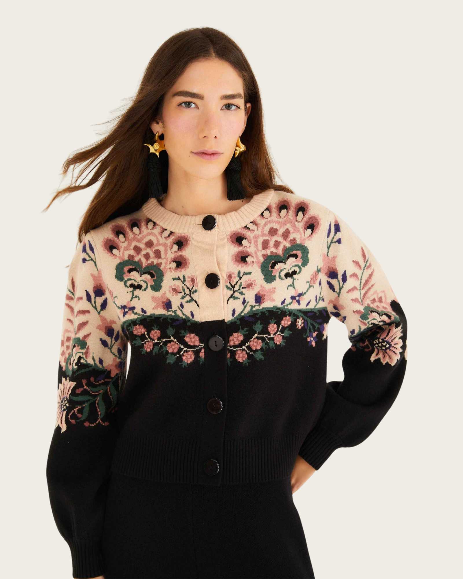 FARM Rio Belle Garden Mixed Knit Cardigan view featuring textured mixed-knit patterns and a relaxed silhouette.