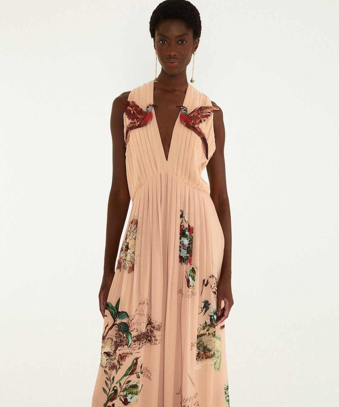 Farm Rio Bird Poetry maxi dress in powder pink – front view