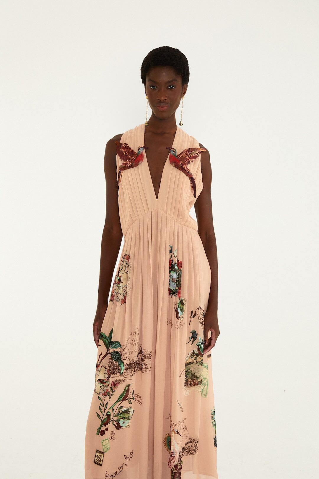 Farm Rio Bird Poetry maxi dress in powder pink – front view