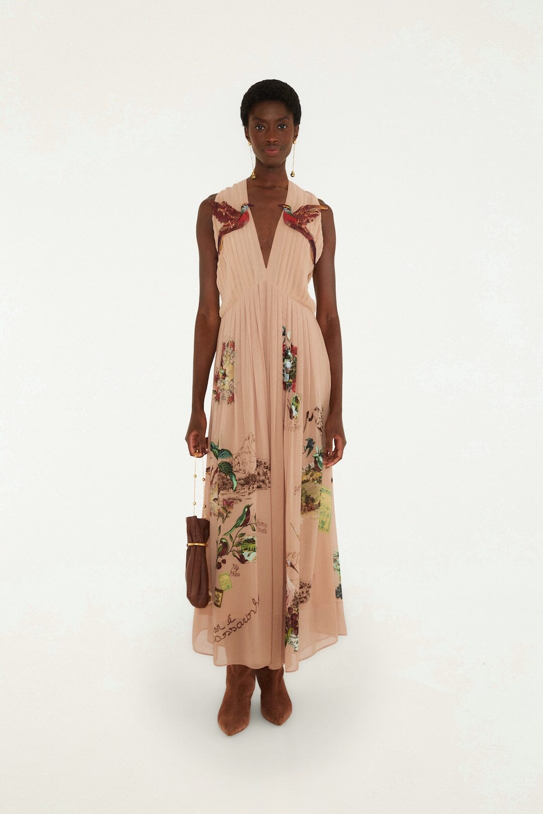 Farm Rio Bird Poetry maxi dress in powder pink – full look with ankle boots and a leather bag