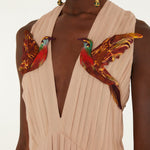Farm Rio Bird Poetry maxi dress in powder pink – close-up of the two appliquéd hummingbirds