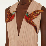 Farm Rio Bird Poetry maxi dress in powder pink – close-up of the two appliquéd hummingbirds