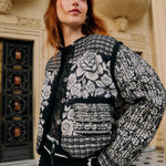 FARM Rio Black Cashews And Birds Seam Padded Jacket highlighting the quilted seams and comfortable fit.