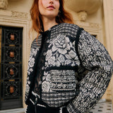 FARM Rio Black Cashews And Birds Seam Padded Jacket highlighting the quilted seams and comfortable fit.