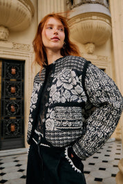 FARM Rio Black Cashews And Birds Seam Padded Jacket highlighting the quilted seams and comfortable fit.