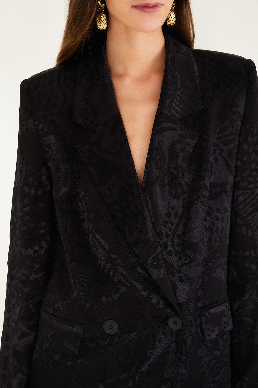 Close-up of the black leopard print texture and button detail  of Farm Rio's Black Leopard Blazer