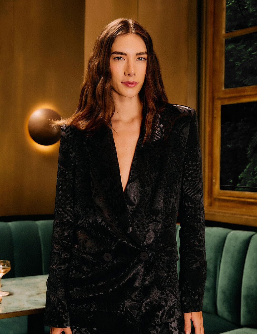 Farm Rio black-on-black leopard blazer styled for a night out