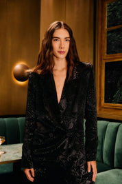 Farm Rio black-on-black leopard blazer styled for a night out