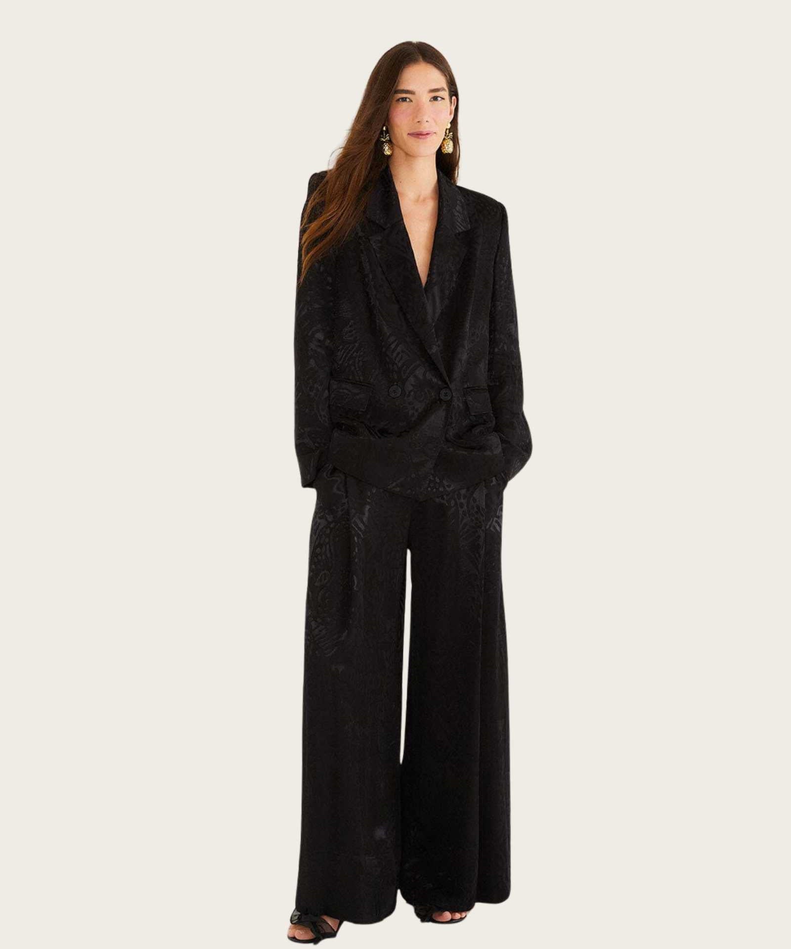 FARM Rio Black Leopard Jacquard Blazer view featuring bold animal jacquard pattern and tailored structured silhouette.