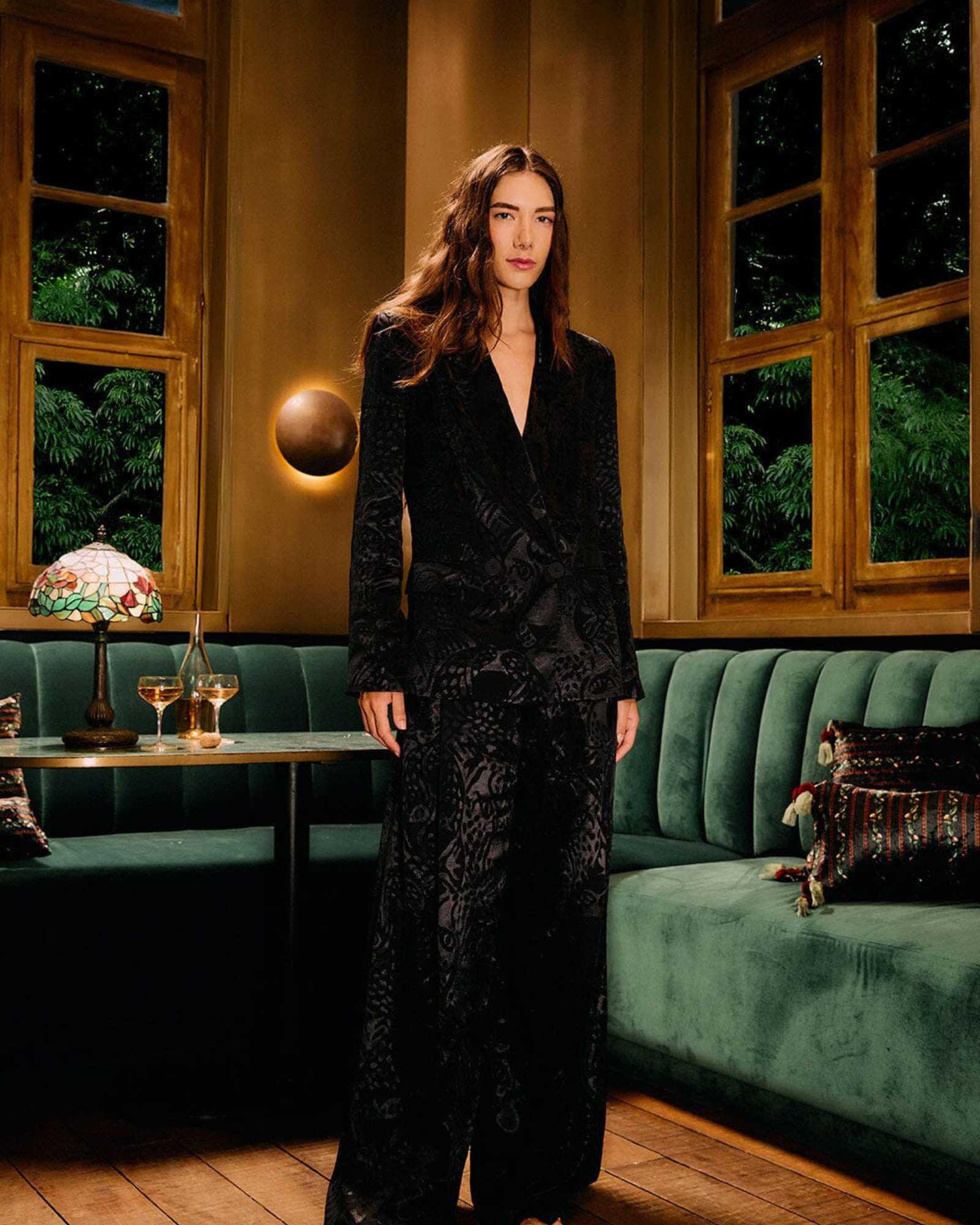 FARM Rio Black Leopard Jacquard Blazer view featuring bold animal jacquard pattern and tailored structured silhouette.