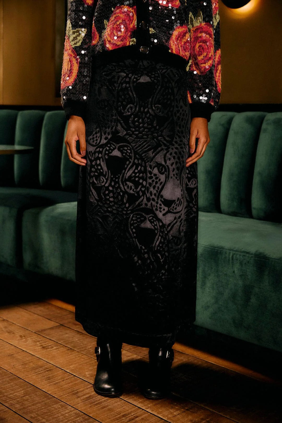 Full view of the floor-length black leopard jacquard skirt by Farm Rio