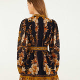 FARM Rio Black Majestic Garden Beaded Buckle Long Sleeve Mini Dress view featuring botanical print and elegant beaded buckle detail.