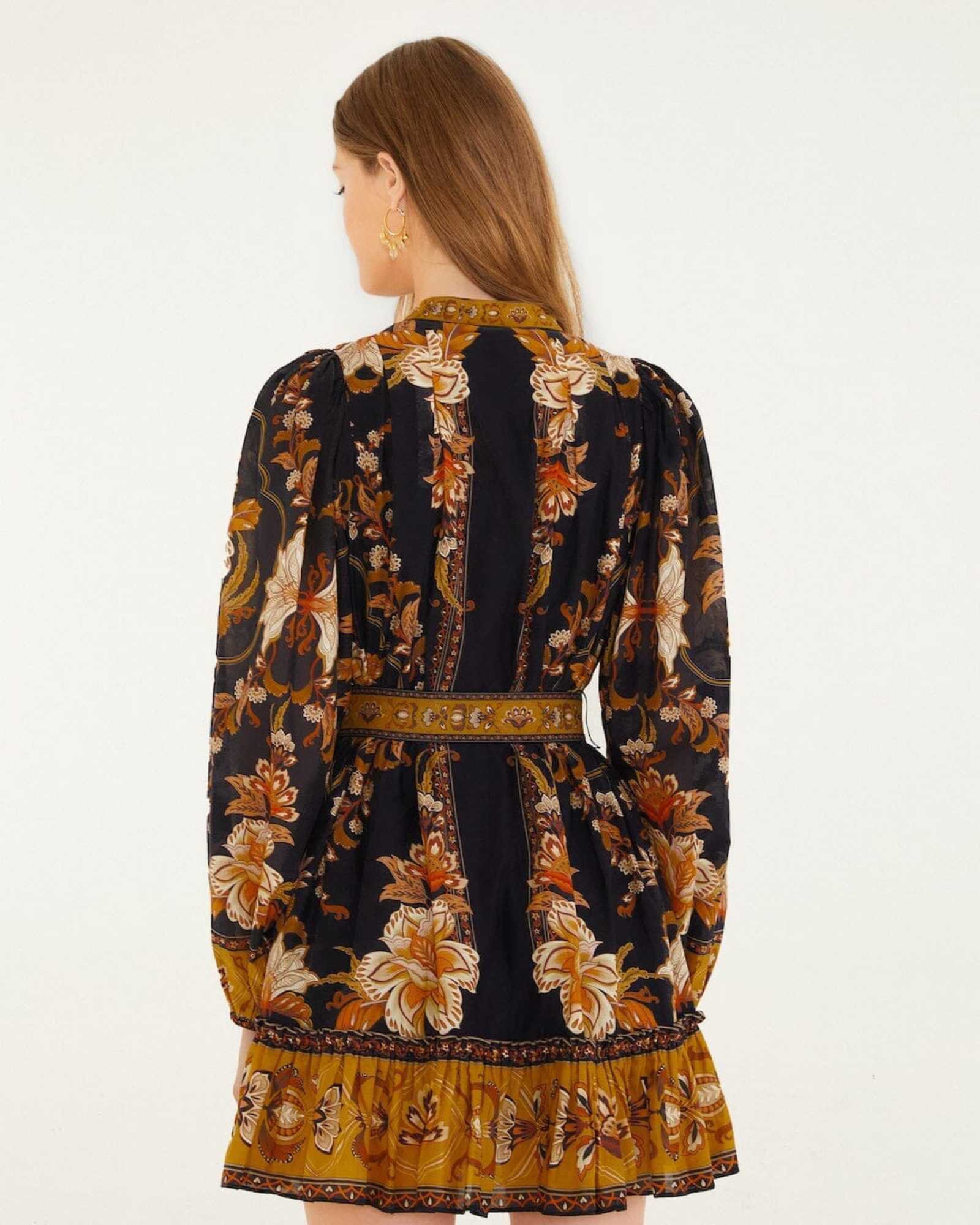 FARM Rio Black Majestic Garden Beaded Buckle Long Sleeve Mini Dress view featuring botanical print and elegant beaded buckle detail.