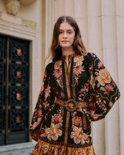 FARM Rio Black Majestic Garden Beaded Buckle Long Sleeve Mini Dress view featuring botanical print and elegant beaded buckle detail.