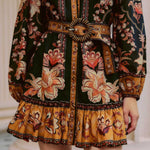 FARM Rio Black Majestic Garden Beaded Buckle Long Sleeve Mini Dress view featuring botanical print and elegant beaded buckle detail.