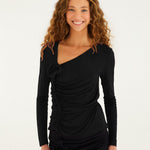 FARM Rio black long-sleeved jersey blouse with asymmetric neckline, ruched front and fabric rosettes, worn by a model