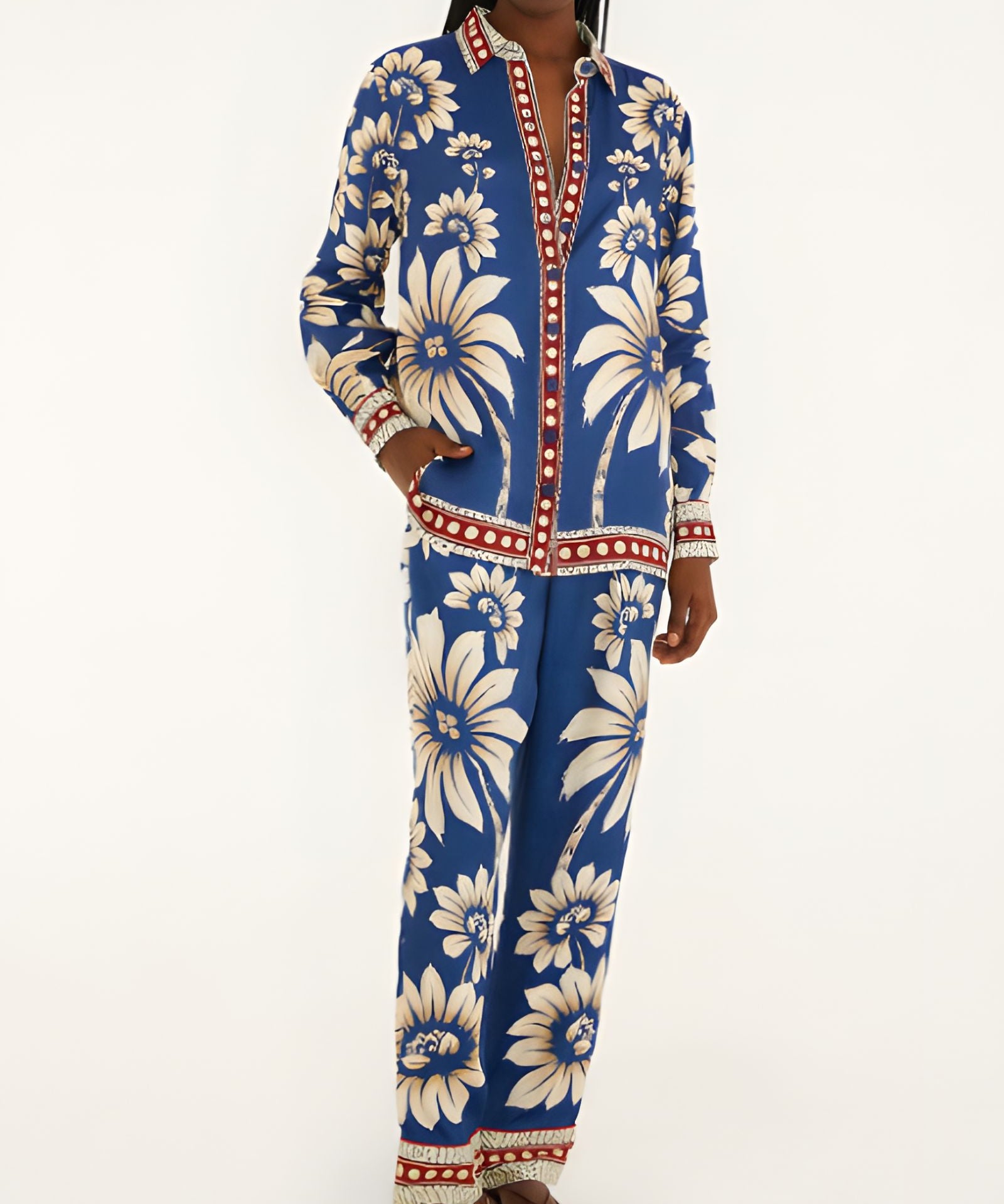 Full-length front view of a model wearing the Farm Rio Blue Luna pajama pants with a relaxed wide-leg cut and botanical print.