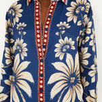 Close-up view of the Farm Rio Blue Luna pajama shirt, highlighting the classic notched collar, full button-down closure, and contrast printed cuffs.