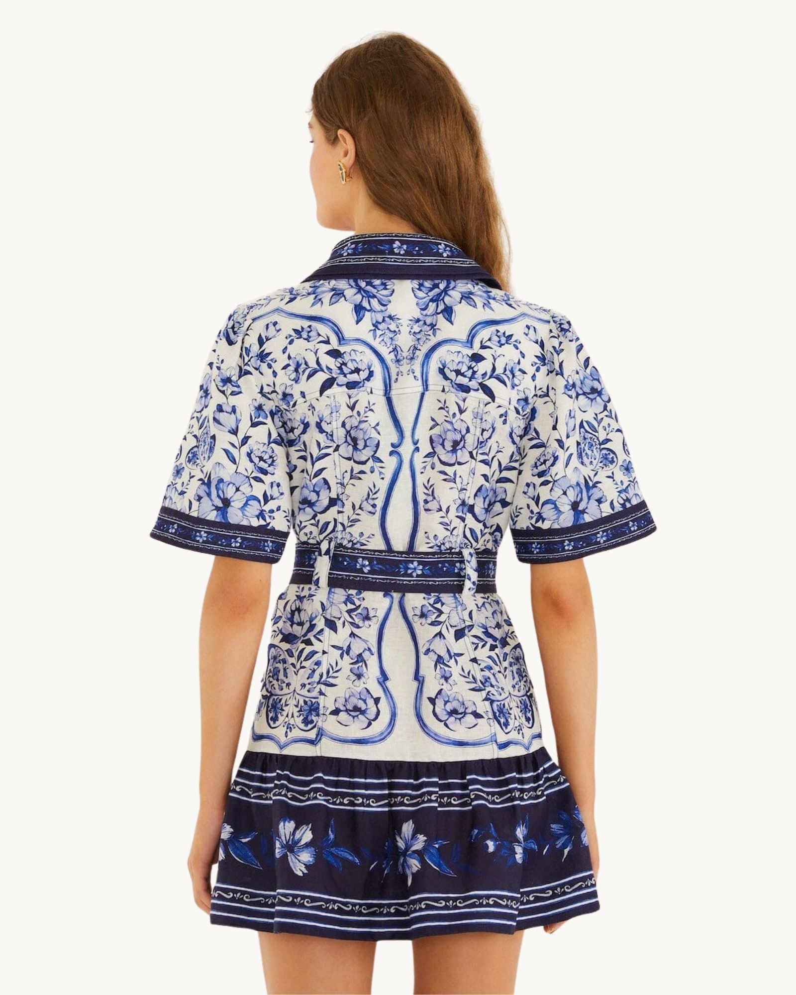 Back view of the FARM Rio Blue Porcelain Garden mini shirt dress with all-over blue porcelain floral print